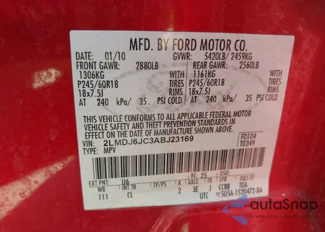 2010 Lincoln Mkx из США, поврежденный, VIN 2LMDJ6JC3ABJ23169